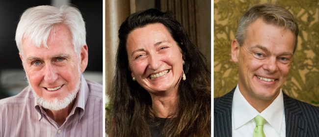 This is a three photo combination image of an undated photo issued by University College London of professor John O'Keefe ( left), a Sept. 5, 2014 file photo of Norway's May-Britt Moser, (center), and a 2008 file photo of Norwegian scientist Edvard Moser. (AP-Yonhap)