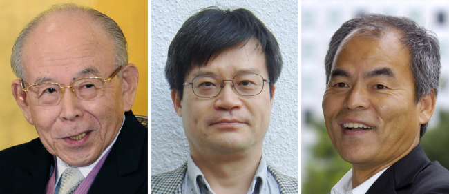 These photos shows three winners of Nobel Prize in physics, (from left) Meijo University professor Isamu Akasaki, Nagoya University professor Hiroshi Amano and Shuji Nakamura of the University of California at Santa Barbara.   AP-Yonhap
