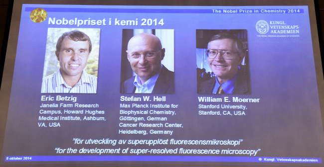 The winners of the 2014 Nobel Prize in Chemistry are displayed on a screen during a press conference on Wednesday at the Royal Swedish Academy of Science in Stockholm, Sweden. (AFP-Yonhap)