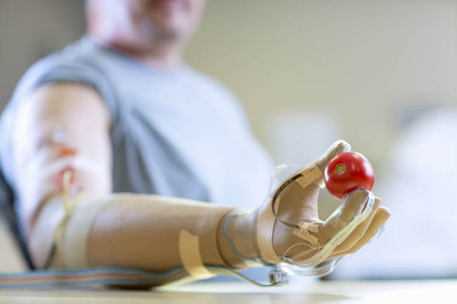 Igor Spetic picks up a tomato with his artificial hand.   AP-Yonhap