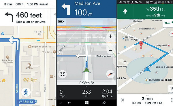 (From left) Apple Maps for iPhones, Microsoft Here for Lumia-branded Windows phones, and Google Maps for Android (AP)