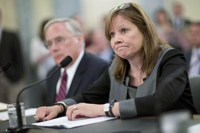 GM’s chief executive Mary Barra (right) and Michael Millikin, executive vice president and general counsel with GM.   Bloomberg