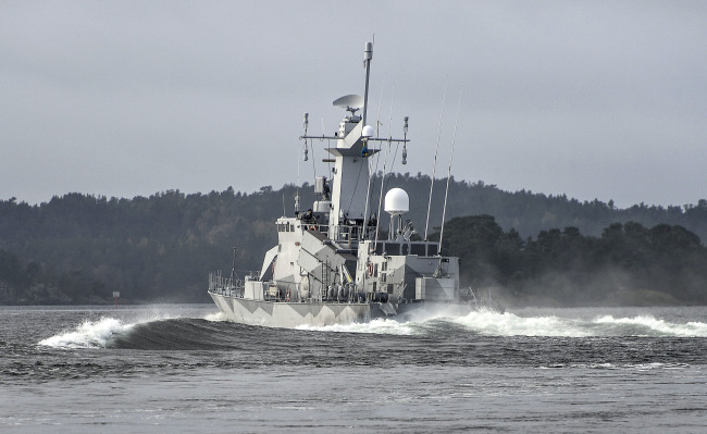 The Swedish corvette HMS Stockholm patrols Jungfrufjarden in the Stockholm archipelago, Sweden, Monday.   AP-Yonhap