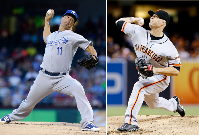 <YONHAP PHOTO-2101> FILE - At left in an Aug. 23, 2014, file photo, Kansas City Royals starting pitcher Jeremy Guthrie throws during the first inning of a baseball game against the Texas Rangers, in Arlington, Texas. At right, in a Sept. 19, 2014, file photo, San Francisco Giants starting pitcher Tim Hudson throws against the San Diego Padres during the first inning of a baseball game in San Diego. Guthrie and Hudson will be the starters for Game 3 of the World Series Friday, Oct. 24, 2014, in San Francisco. (AP Photo/Don Boomer, File)/2014-10-23 23:29:44/ <저작권자 ⓒ 1980-2014 ㈜연합뉴스. 무단 전재 재배포 금지.>
Game 3 starters Jeremy Guthrie (left) and Tim Hudson   AP-Yonhap