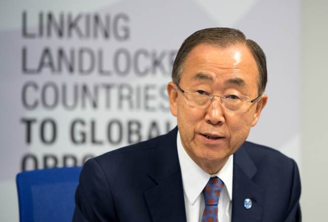 U.N. Secretary-General Ban Ki-moon attends a press conference during the U.N. Conference on Landlocked Developing Countries at the United Nations headquarters in Vienna, Austria, Monday.   AFP-Yonhap