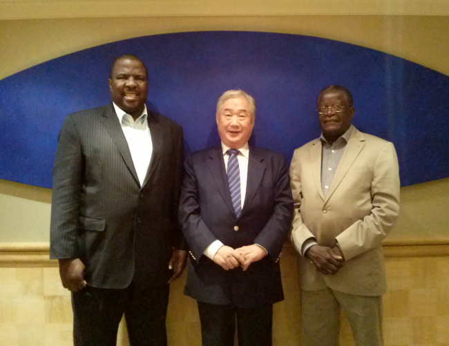 From left: Namibia’s Public Service Commission Deputy Permanent Secretary Benhardt Kukuri, Namibia’s representative to Korea David Yoon and PSC Chairperson Eddie Amkongo pose before an interview with The Korea Herald at the Ritz-Carlton Hotel in southern Seoul, Oct 24.   Joel Lee/The Korea Herald