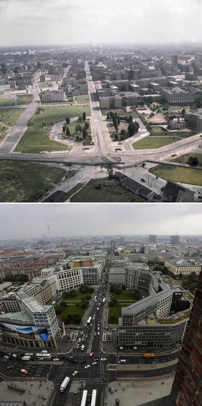 This combination photo shows the Berlin Wall at the empty Potsdamer Platz in August 1962 and cars and busses driving there on Sept. 25 ― 25 years after the fall of the wall.   AP-Yonhap