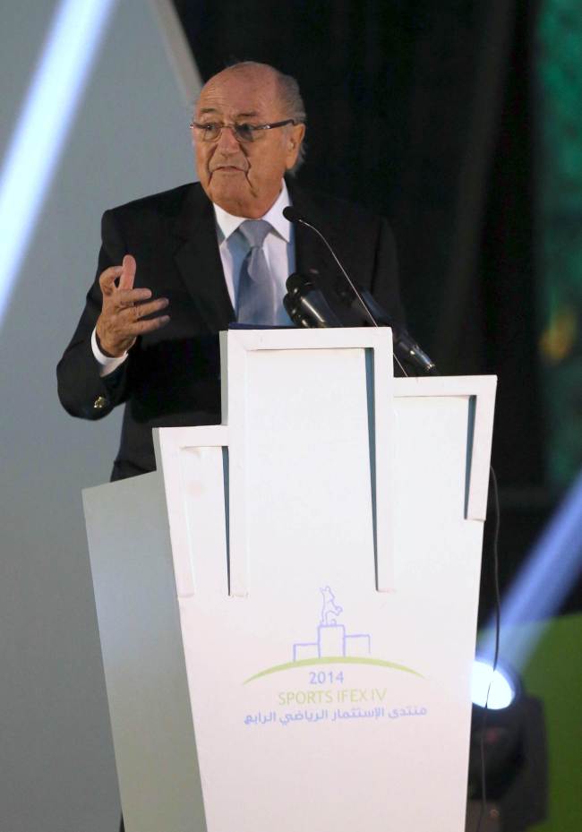 FIFA President Joseph Blatter speaks during a ceremony held at the Saudi Football Federation on the night of the 22nd Gulf Cup football tournament in Riyadh on Thursday.   AFP-Yonhap