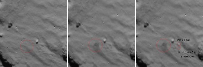 The three handout photos show Philae’s touchdown site before and after landing.   AFP-Yonhap