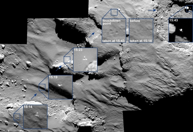 This combination image shows the journey of Rosetta’s Philae lander on Comet 67P/Churyumov-Gerasimenko.   AP-Yonhap
