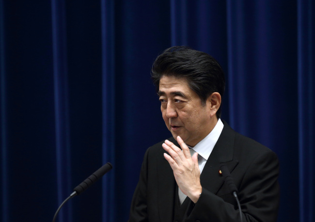 Shinzo Abe, Japan‘s prime minister, speaks during a news conference at the prime minister’s official residence in Tokyo on Tuesday.   Bloomberg