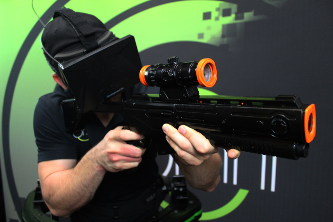 A demonstration of Virtuix's virtual reality treadmill Omni.
Virtuix