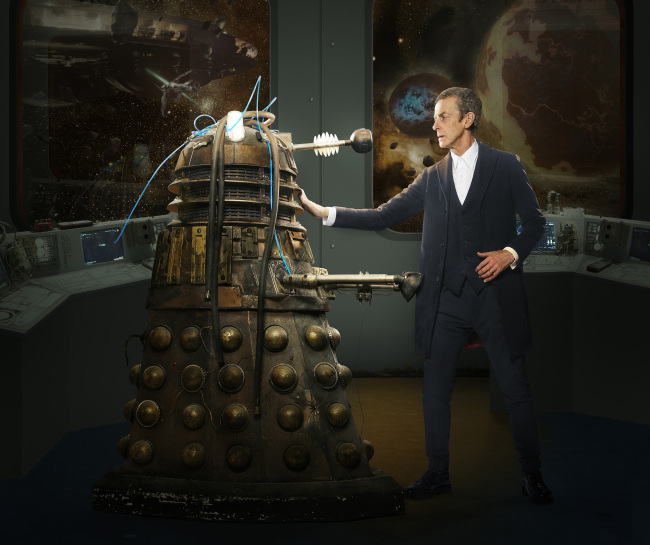 Peter Capaldi as The Doctor faces a Dalek in the BBC show “Doctor Who.”   BBC