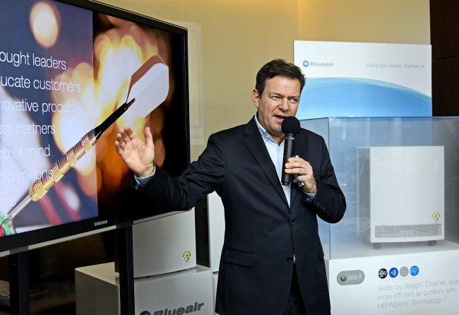 Bengt Rittri, chief executive of Swedish air purifier-maker Blueair, speaks at a media conference in Seoul on Tuesday.   Blueair