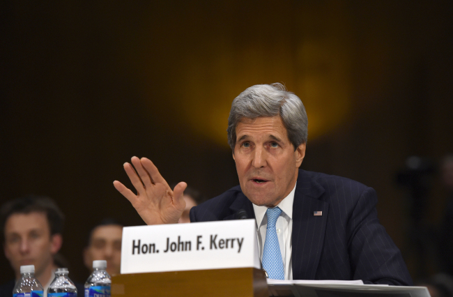 U.S. Secretary of State John Kerry testifies before the Senate foreign relations hearing on Capitol Hill in Washington on Tuesday.   (AP-Yonhap)