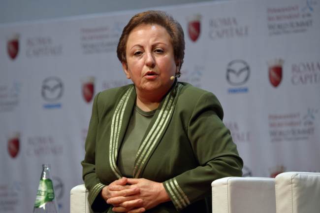 Iranian Nobel Peace laureate Shirin Ebadi attends a debate during the 14th World Summit of Nobel Peace Laureates in Rome on Saturday.   AFP-Yonhap