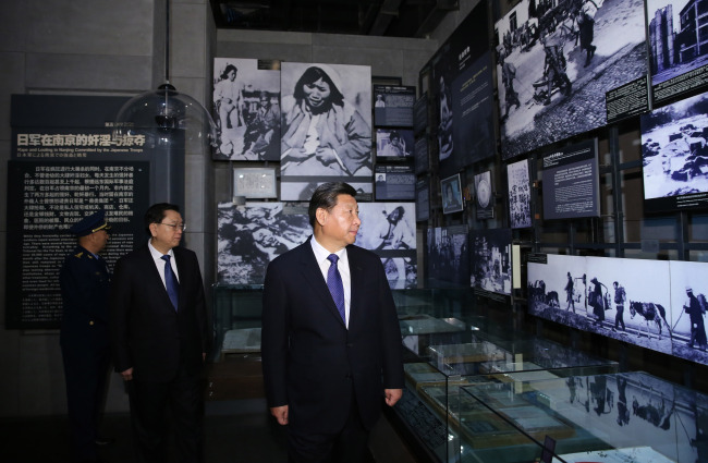Chinese President Xi Jinping visits an exhibition on Nanjing Massacre at the memorial hall for the massacre victims in Nanjing, east China’s Jiangsu province, Saturday.   Xinhua-Yonhap
Chinese President Xi Jinping visits an exhibition on Nanjing Massacre at the memorial hall for the massacre victims in Nanjing, east China’s Jiangsu province, Saturday.   Xinhua-Yonhap
Chinese President Xi Jinping visits an exhibition on Nanjing Massacre at the memorial hall for the massacre victims in Nanjing, east China’s Jiangsu province, Saturday.   Xinhua-Yonhap
