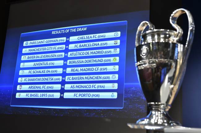 A screen shows the draw for the Champions League Round of 16.   AFP-Yonhap
