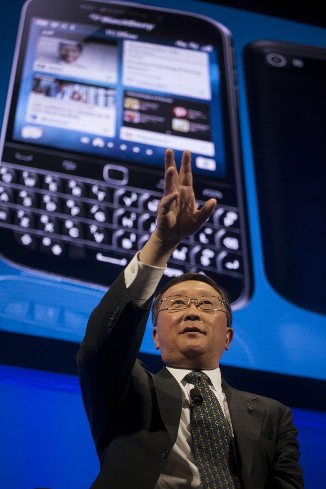 BlackBerry CEO John Chen speaks during the unveiling of the Classic smartphone at an event in New York on Wednesday.   Bloomberg