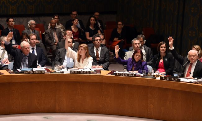 United Nations ambassadors vote during a Security Council meeting on human rights violations in North Korea at the United Nations in New York on Monday.   AFP-Yonhap