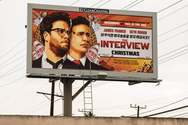 A billboard for the film “The Interview” is displayed in Venice, California.    AFP-Yonhap