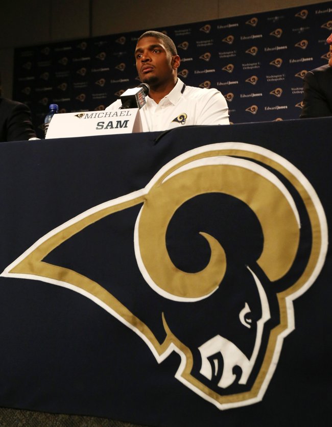 Michael Sam takes part in an introductory press conference with the Rams on May 13.   TCA