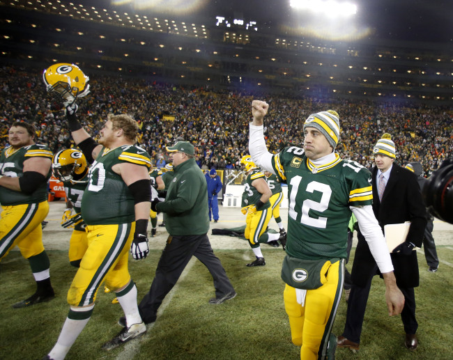 Green Bay Packers quarterback Aaron Rodgers (12) celebrates after beating the Detroit Lions on Sunday.   UPI-Yonhap