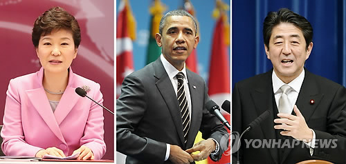 From left: Park Geun-hye, Barack Obama and Shinzo Abe
