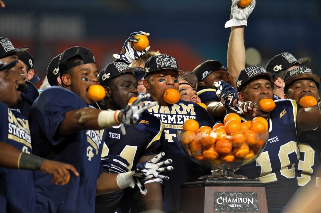 Georgia Tech Yellow Jackets players celebrate their win on Wednesday. USA TODAY-Yonhap