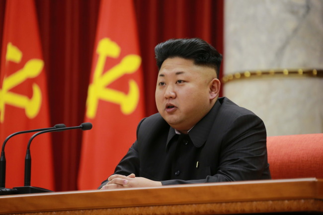 North Korean leader Kim Jong-un makes a speech in Pyongyang last week. (Yonhap)