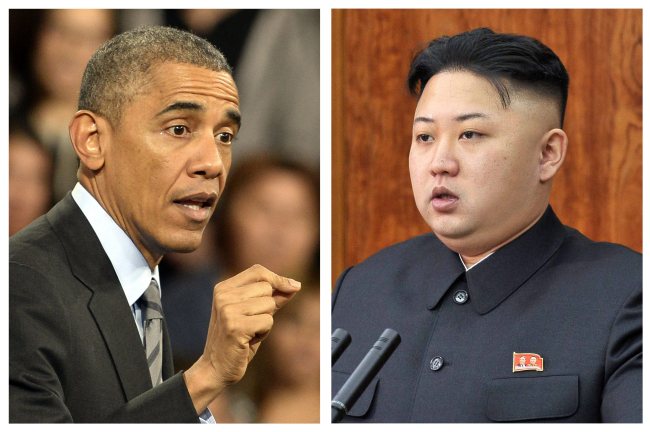 A composite showing US President Barack Obama in Las Vegas, Nevada, USA, 21 November 2014, delivering remarks on his immigration policy and a photograph released by the North Korean Central News Agency (KCNA) on 01 January 2013 showing North Korean leader Kim Jong-un delivering a New Year's Day address in Pyongyang, North Korea. (Yonhap)