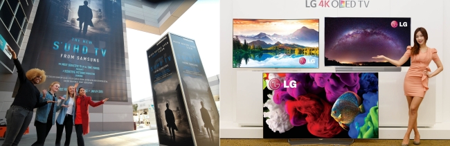 오는 6일(현지시간) CES 2015가 열리는 미국 라스베이거스 컨벤션 센터에 삼성전자가 설치한 대형 옥외광고(왼쪽). LG전자가 오는 6일(현지시간) 미국 라스베이거스에서 열리는 CES 2015에 선보일 7종의 올레드(OLED)TV. [사진제공=삼성전자·LG전자]