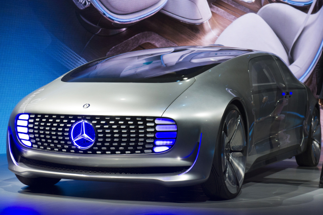 The Daimler AG Mercedes-Benz F015 concept vehicle is presented at a news conference during the 2015 International CES in Las Vegas, Nevada, Monday.   Bloomberg