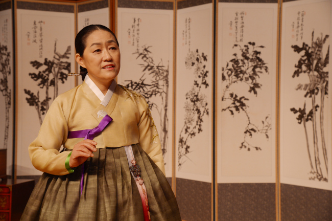 Kim Hae-sook, the chief of National Gugak Center, poses at the center’s concert hall in southern Seoul on Wednesday.   Chung Hee-cho/The Korea Herald