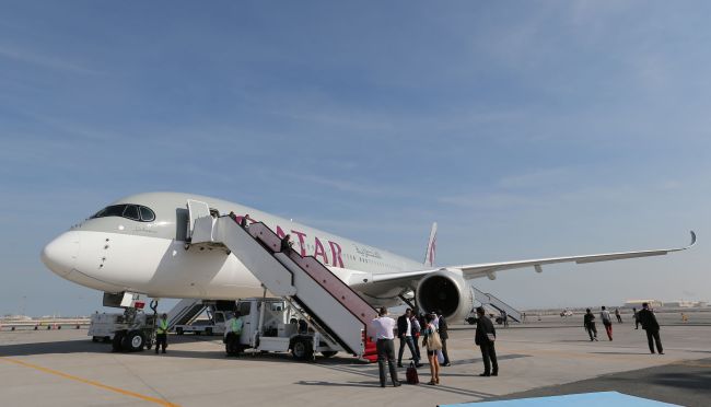 A Qatar Airways A350 aircraft stands at Doha International Airport.   AFP-Yonhap