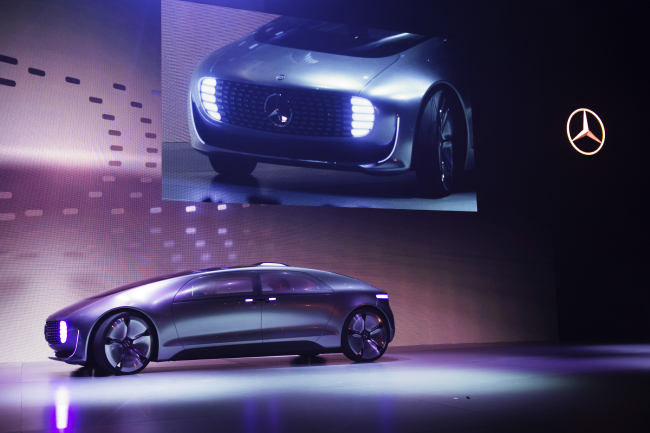 The Mercedes-Benz F015 concept vehicle is presented at the 2015 Consumer Electronics Show in Las Vegas, Nevada, Jan. 5.   Bloomberg