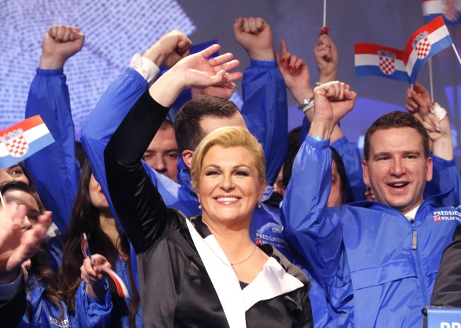 Kolinda Grabar Kitarovic celebrates her victory in the Presidential elections in Zagreb, Croatia, Sunday.   EPA-Yonhap