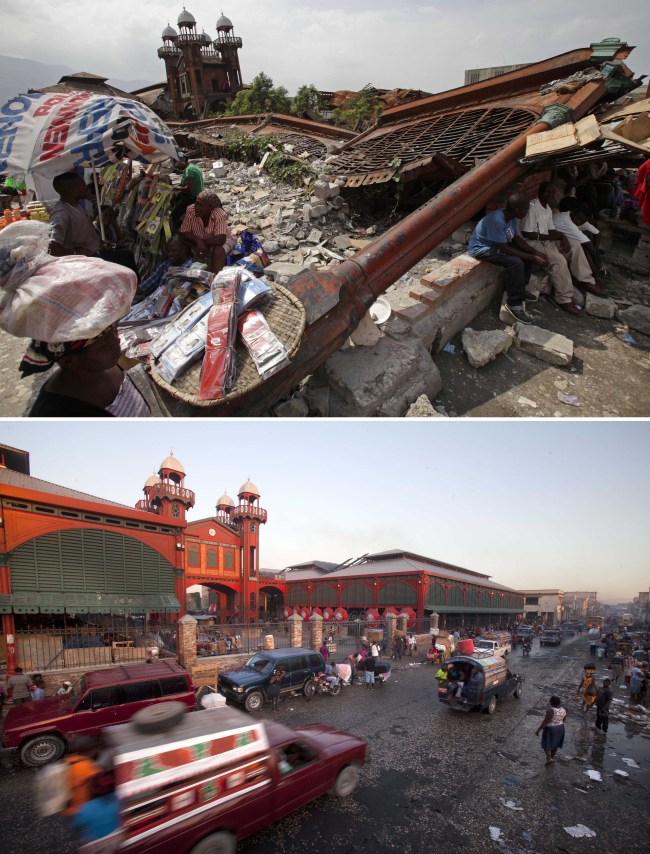 The photo on the top shows people selling goods outside the ruins of the old Iron Market on Feb. 15, 2010, a month after it was destroyed by a powerful earthquake that struck Port-au-Prince, Haiti, and the photo on the bottom, taken almost five years later on Jan. 10, 2015, shows the market after it was rebuilt by Haiti’s biggest employer, mobile phone company Digicel.    AP-Yonhap