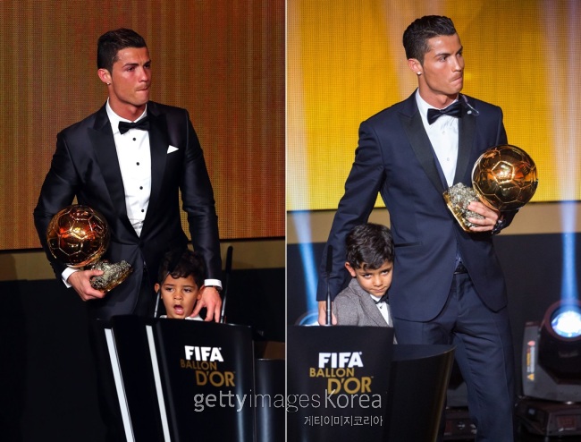 2014년 아들과 발롱도르 수상 무대에 오른 호날두와 2015년의 호날두. [사진=Gettyimages/멀티비츠]