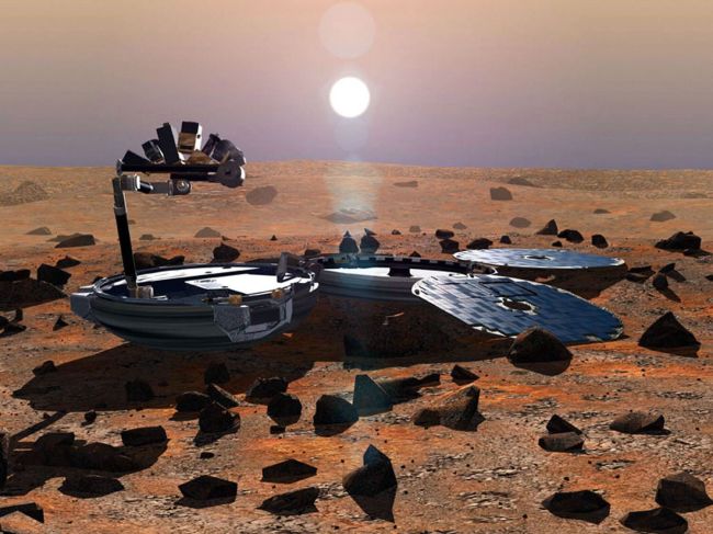 <YONHAP PHOTO-2004> (Files) A file handout image released by the European Space Agency in 2002 shows an artist's impression of Beagle 2 on the surface of Mars. A British-built space probe that disappeared without trace more than a decade ago has been spotted on the surface of Mars, the UK Space Agency said on Friday. The Beagle 2 lander was found partially deployed with one of its parachutes still attached in images taken by NASA's Mars Reconnaissance Orbiter (MRO). Scientists said it would be impossible to renew contact or retrieve data from the machine, which was lost without trace on December 26, 2003. AFP PHOTO / ESA / JIM WATSON....RESTRICTED TO EDITORIAL USE - MANDATORY CREDIT " AFP PHOTO / ESA / JIM WATSON" - NO MARKETING NO ADVERTISING CAMPAIGNS - DISTRIBUTED AS A SERVICE TO CLIENTS../2015-01-16 22:07:12/ <저작권자 ⓒ 1980-2015 ㈜연합뉴스. 무단 전재 재배포 금지.>
An artist’s impression of the Beagle-2.   AFP-Yonhap