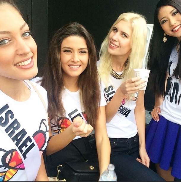 (From left) Miss Israel Doron Matalon, Miss Lebanon Saly Greige, Miss Slovenia and Miss Japan.   Instagram