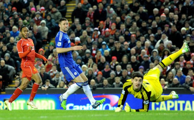 <YONHAP PHOTO-0259> epa04571934 Liverpool's Raheem Sterling (L) scores the second goal making the score 1-1 during the English Capital One Cup semi final soccer match between Liverpool and Chelsea at the Anfield in Liverpool, Britain, 20 January 2015. EPA/PETER POWELL/2015-01-21 06:35:23/ <저작권자 ⓒ 1980-2015 ㈜연합뉴스. 무단 전재 재배포 금지.>
Liverpool’s Raheem Sterling (left) scores during the English Capital One Cup semi on Tuesday.
Liverpool’s Raheem Sterling (left) scores during the English Capital One Cup semi on Tuesday.   EPA-Yonhap