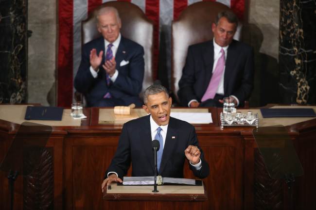 U.S. President Barack Obama delivers the State of the Union speech before members of Congress in the House chamber of the U.S. Capitol in Washington, D.C., Tuesday.   AFP-Yonhap