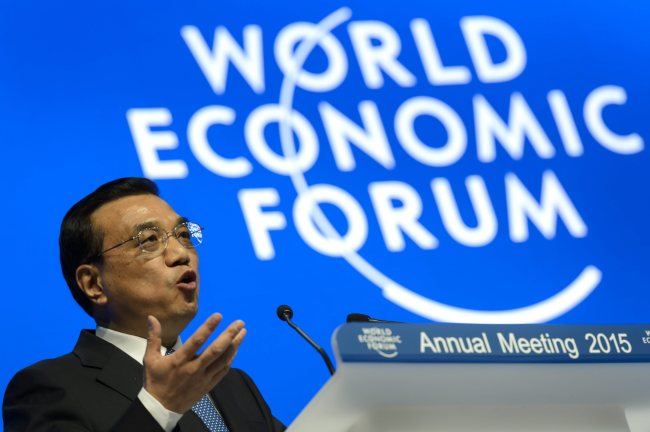 Chinese Premier Li Keqiang speaks during the opening session on the first day of the 45th Annual Meeting of the World Economic Forum in Davos on Wednesday.    EPA-Yonhap