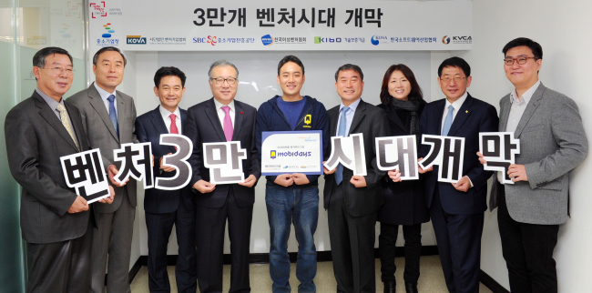 <YONHAP PHOTO-1887> 벤처기업, 사상 첫 3만개 돌파 (서울=연합뉴스) 중소기업청은 벤처기업이 사상 처음 3만 개를 돌파했다고 22일 밝혔다. 이날 한정화 중소기업청장(왼쪽 네 번째)이 3만 번째 벤처기업인 모비데이즈 유범령 대표(가운데)에게 벤처확인서와 기념패를 전달한 후 참석자들과 기념 촬영을 하고 있다. 2015.1.22 << 중소기업청 제공 >> photo@yna.co.kr/2015-01-22 15:33:05/ <저작권자 ⓒ 1980-2015 ㈜연합뉴스. 무단 전재 재배포 금지.>
<YONHAP PHOTO-1887> 벤처기업, 사상 첫 3만개 돌파 (서울=연합뉴스) 중소기업청은 벤처기업이 사상 처음 3만 개를 돌파했다고 22일 밝혔다. 이날 한정화 중소기업청장(왼쪽 네 번째)이 3만 번째 벤처기업인 모비데이즈 유범령 대표(가운데)에게 벤처확인서와 기념패를 전달한 후 참석자들과 기념 촬영을 하고 있다. 2015.1.22 << 중소기업청 제공 >> photo@yna.co.kr/2015-01-22 15:33:05/ <저작권자 ⓒ 1980-2015 ㈜연합뉴스. 무단 전재 재배포 금지.>
<YONHAP PHOTO-1887> 벤처기업, 사상 첫 3만개 돌파 (서울=연합뉴스) 중소기업청은 벤처기업이 사상 처음 3만 개를 돌파했다고 22일 밝혔다. 이날 한정화 중소기업청장(왼쪽 네 번째)이 3만 번째 벤처기업인 모비데이즈 유범령 대표(가운데)에게 벤처확인서와 기념패를 전달한 후 참석자들과 기념 촬영을 하고 있다. 2015.1.22 << 중소기업청 제공 >> photo@yna.co.kr/2015-01-22 15:33:05/ <저작권자 ⓒ 1980-2015 ㈜연합뉴스. 무단 전재 재배포 금지.>