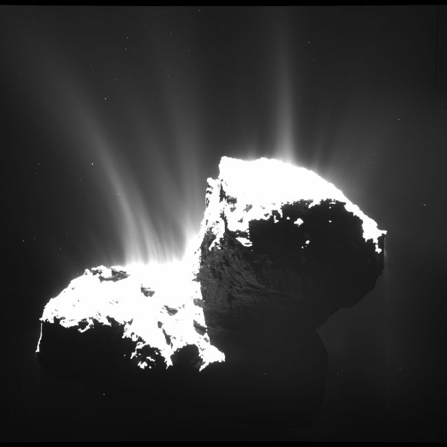 <YONHAP PHOTO-0550> The photo recently released by ESA and taken by OSIRIS wide-angle camera on the Rosetta space probe on Nov. 22, 2014 from a distance of 30 km (18.6 miles) from Comet 67P/Churyumov-Gerasimenko shows the faint jets of the comet's activity. Scientists have found further evidence that comets harbor the building blocks of life, and have collected the first close-up data that will help them understand how these celestial bodies evolve as they hurtle toward the sun. (AP Photo/ESA/Rosetta/OSIRIS)/2015-01-23 06:02:10/ <저작권자 ⓒ 1980-2015 ㈜연합뉴스. 무단 전재 재배포 금지.>
Comet 67P/Churyumov-Gerasimenko.   AP-Yonhap