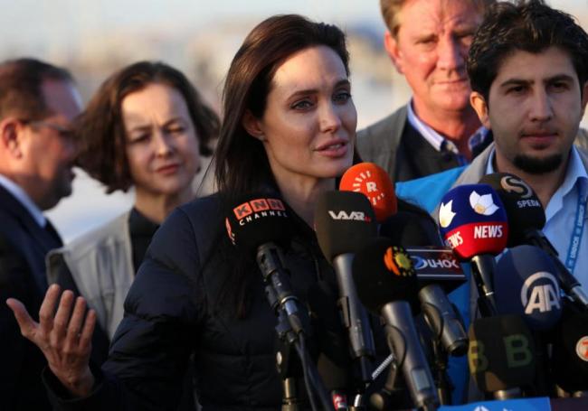 Actress and UNHCR ambassador Angelina Jolie during a visit to a camp for displaced Iraqis in Khanke on Sunday.   AFP
