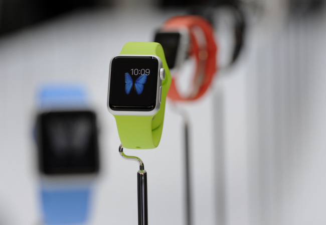 The Apple Watch is displayed after a product announcement at Flint Center in Cupertino, California, Sept. 9.   Bloomberg