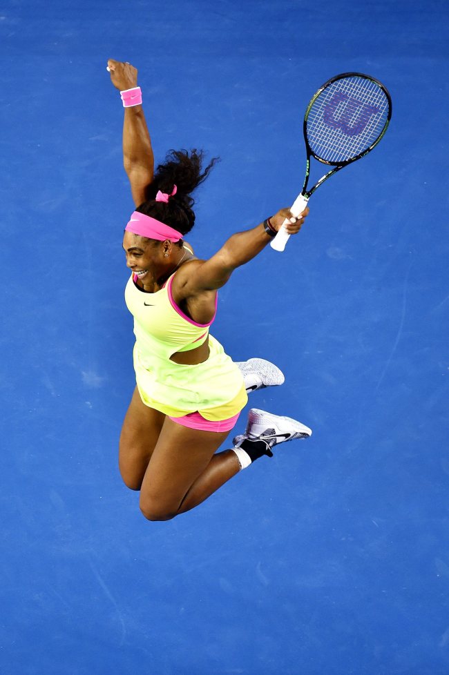 Serena Williams celebrates after beating Maria Sharapova on Saturday.   EPA-Yonhap