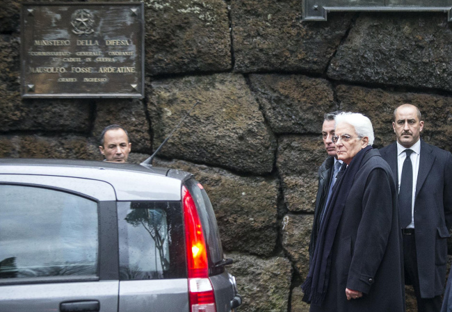 New Italian President Sergio Mattarella (second from right) leaves after a visit to the Fosse Ardeatine in Rome on Saturday.   AP-Yonhap